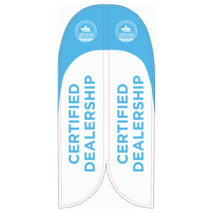 12 Foot Convex Feather Flag showing both sides of the flag printed with the MRAA Certified Dealership logo and the words Certified Dealership running vertically