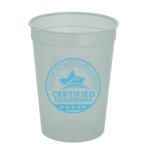 12oz translucent clear plastic stadium cup with the MRAA Certified Dealership logo printed on it
