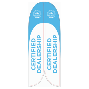 15 Foot Convex Feather Flag showing both sides of the flag printed with the MRAA Certified Dealership logo and the words Certified Dealership running vertically