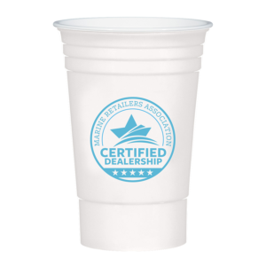 16oz white party cup with the MRAA Certified Dealership logo printed on it