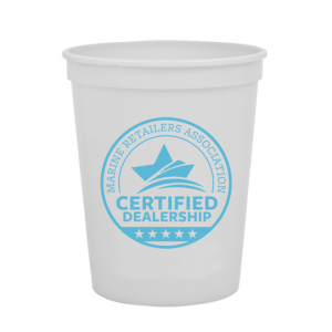 16oz white plastic stadium cup with the MRAA Certified Dealership logo printed on it