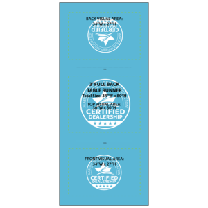 34 inch by 80 inch table runner with the MRAA Certified Dealership logo appearing in the middle and at both ends. This image also has a template explaining placement.
