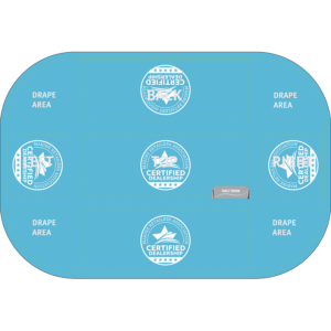 6 Foot Tablecloth with the MRAA Certified Dealership on top and all four sides and die lines showing on top of the artwork in grey