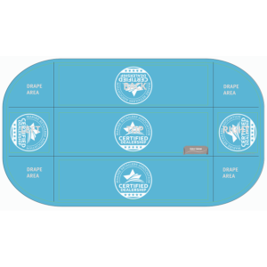 8 Foot Tablecloth with the MRAA Certified Dealership on top and all four sides and die lines showing on top of the artwork in grey