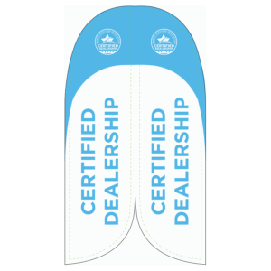 9 Foot Convex Feather Flag showing both sides of the flag printed with the MRAA Certified Dealership logo and the words Certified Dealership running vertically
