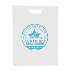 White Plastic Bag with Die Cut Handle and the MRAA Certified Dealership logo printed on one side